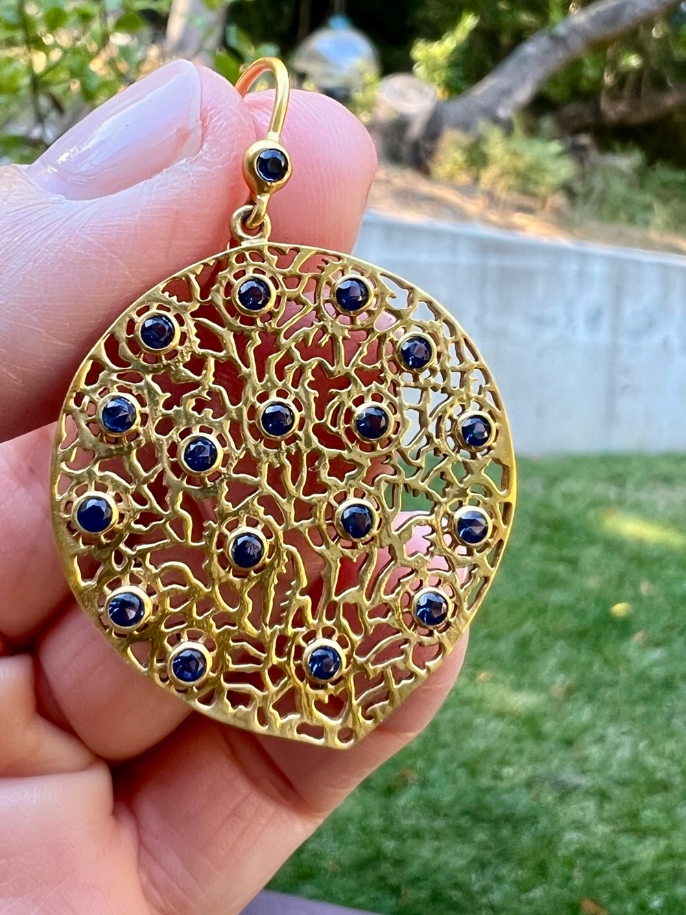 Gold Filigree Drop Earrings with Blue Stones